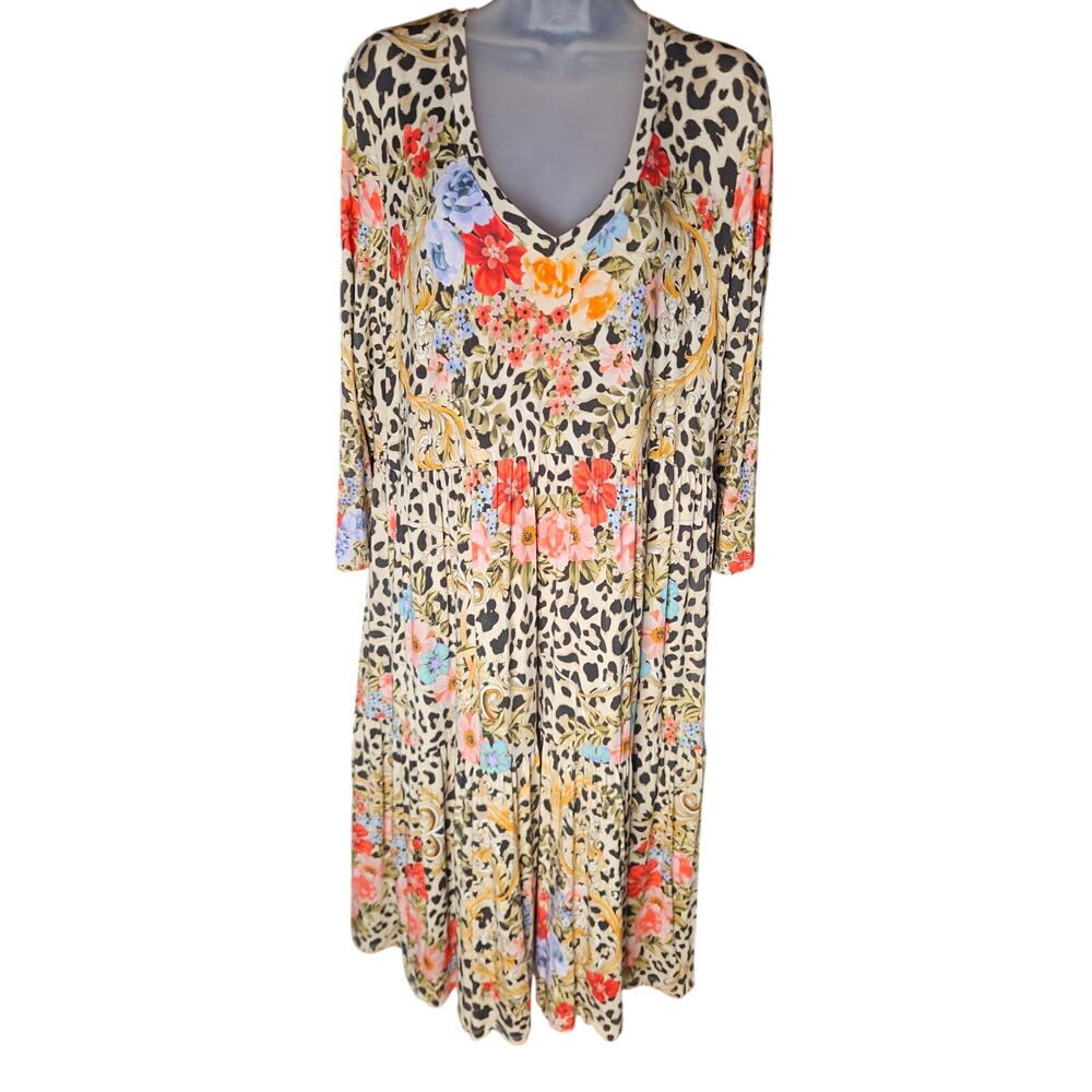 Johnny Was Tiered Boho Chic Midi Dress Animal Floral Print Sz L 3/4 Sleeves - Picture 2 of 8